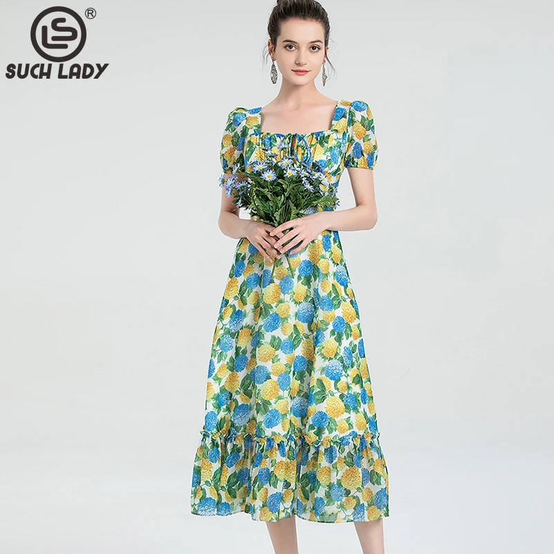 

Women;s Dresses Square Neckline Short Sleeves Printed Ruffles Fashion Casual High Street Mid Dress Vestidos