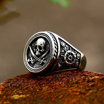 Vintage Pirate Signet Double Knife Skull Rings Men Stainless Steel Viking Compass Ring Biker Amulet Jewelry Gift Drop Shipping