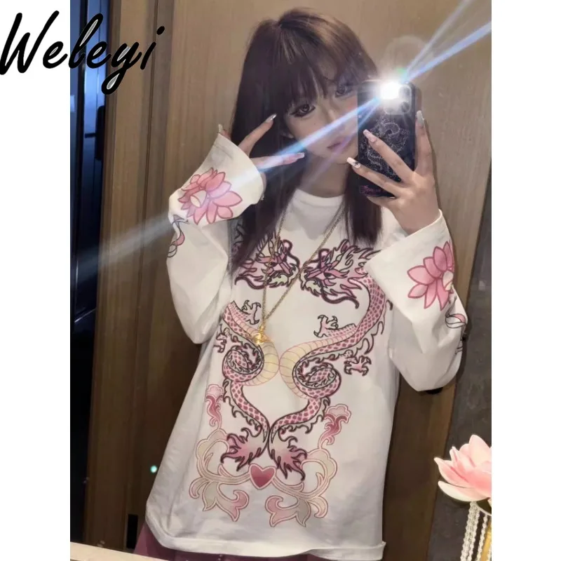 

Y2k Sweet Blusas Ropa Mujer 2024 Spring Streetwear Comfortable and Breathable Dragon Print Lovers Wild Long Sleeve Graphic Tops