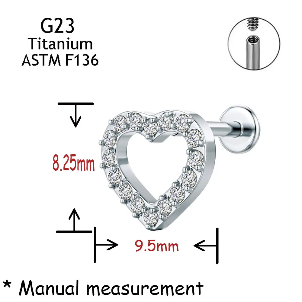 ASTM F136 티타늄 귀 스터드 세트 5A 지르콘 하트 Labret 귀 연골 헬릭스 링 코 피어싱 바디 쥬얼리 파인 귀걸이