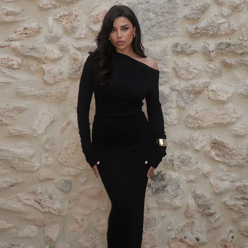 White Skew Collar Long Sleeve Maxi Dress For Women Autumn Winter New Bodycon Elegant Party Dress Female High Waist