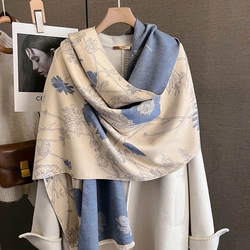 

Fashion Women Winter Scarf Soft Wrap Tassel Shawl Warm Imitation Cashmere Thick Pashmina Double-Sided Print Lady Wrap Scarves