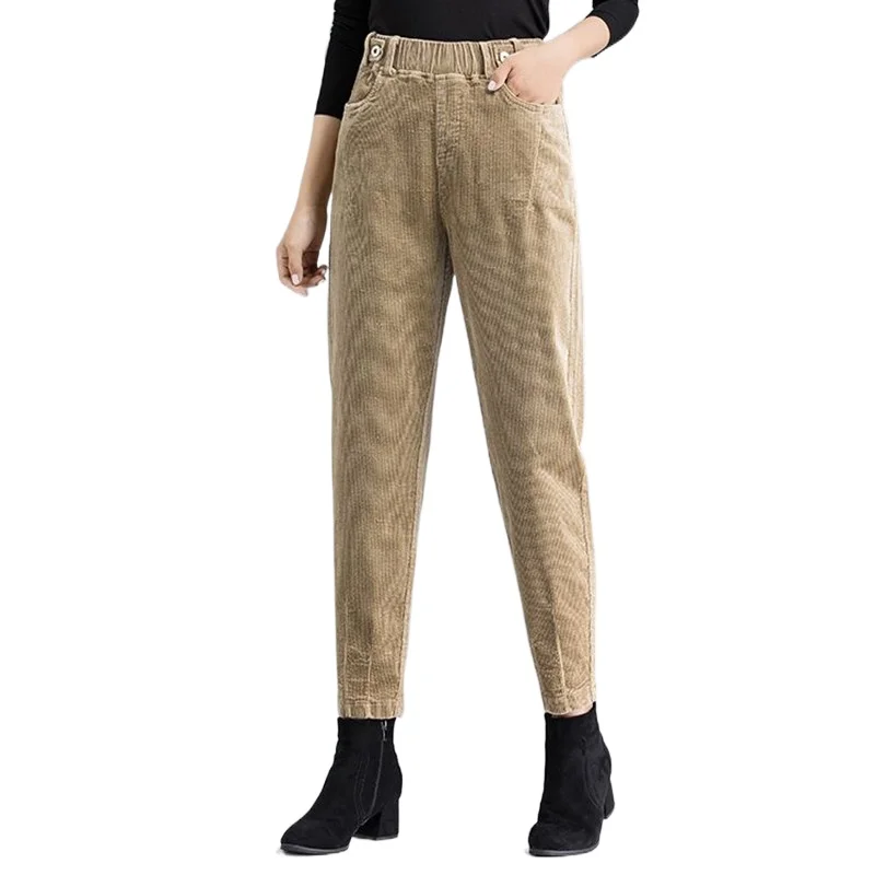 2023 New 5XL Corduroy Ankle-Length Pencil Pants Elastic High Waist Slim Harem Pantalones Korean Womens Spodnie Casual Trousers winter corduroy split velvet harem pants vintage baggy warm women pantalones casual high waist plush thick ankle length trousers