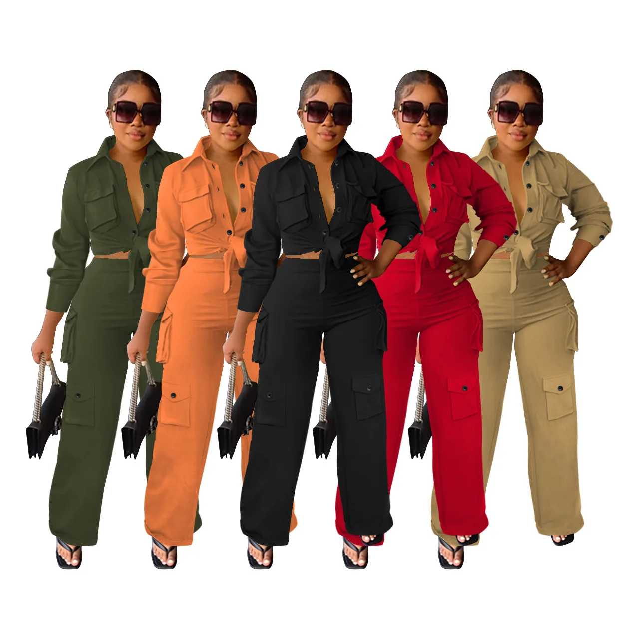 Women's Autumn & Winter Two-Piece Set  Overalls Fashion Solid Color Long-Sleeved Jacket Coat & Multi-Pocket Wide-Leg Pants Suit