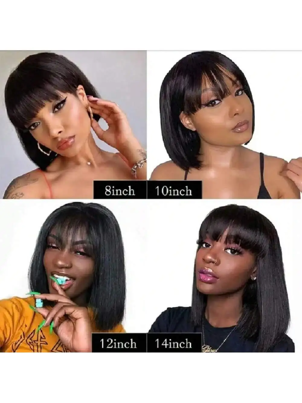 Short Bob Wig With Bangs 8-14 Inch Full Machine Made Bob Human Hair Wigs Silky Straight Brazilian
