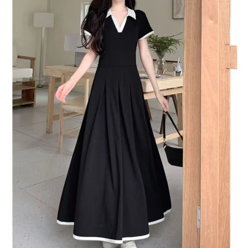 New In 2025 Summer Plus Size Short Sleeve Maternity Dress Loose Matching Patchwork Lady's Black Dress Korean Chic Elegant Dress