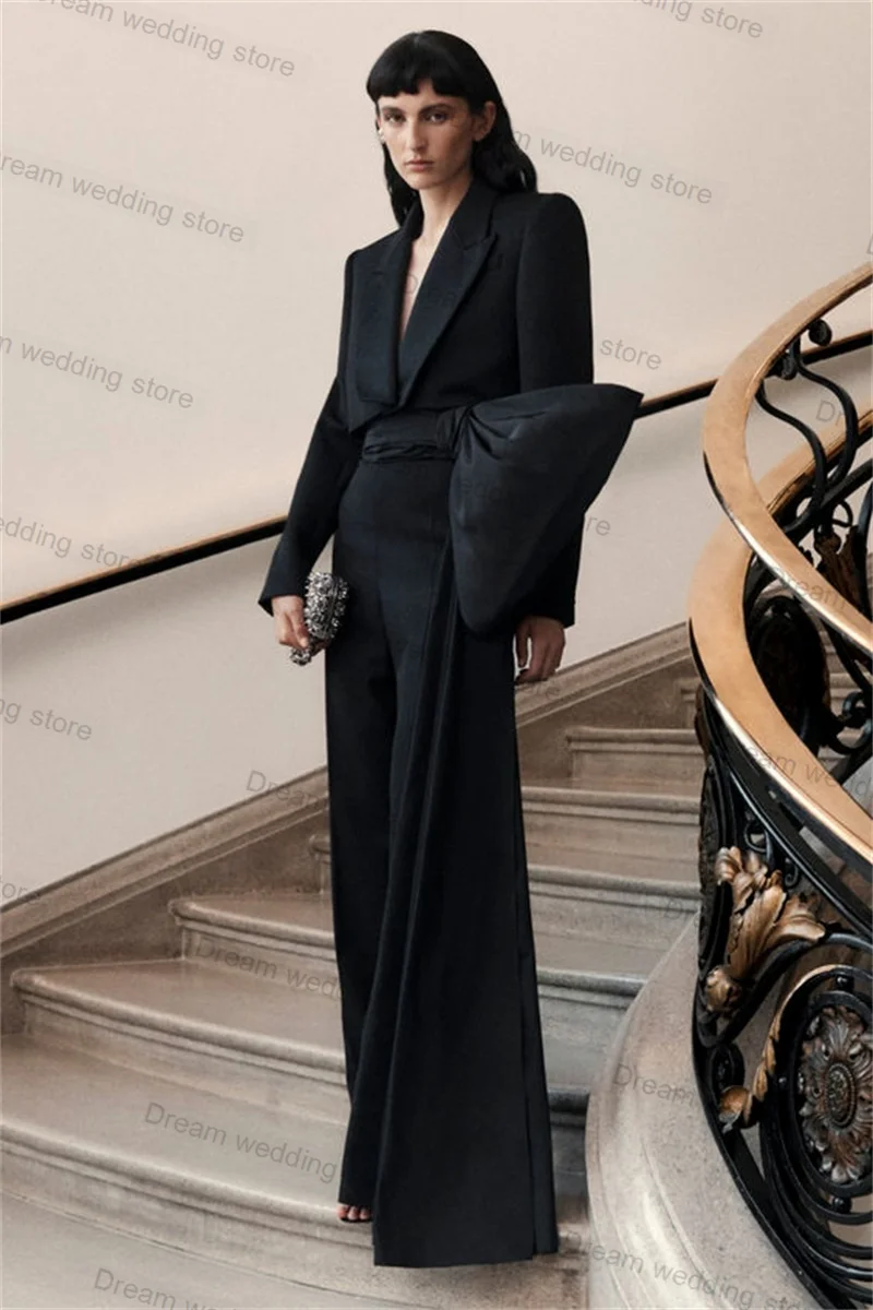 Women Suit Pants Set Formal 2 Pieces Black Women Suits Pant Set Short Blazer + Trousers With Bow Lady Coat Luxury Wedding Tuxedo Jacket Customized