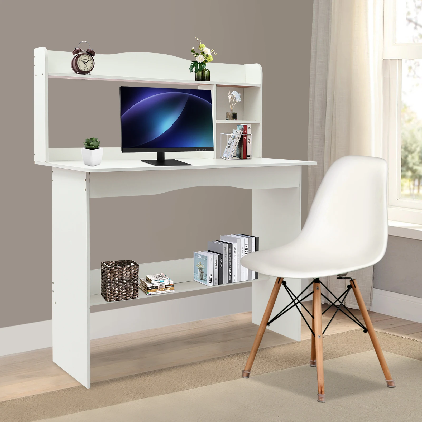 Free Standing Home Office Desk with Bookshelf, Writing Study Computer Workstation Laptop Table for Living Room, Bedroom, School 4
