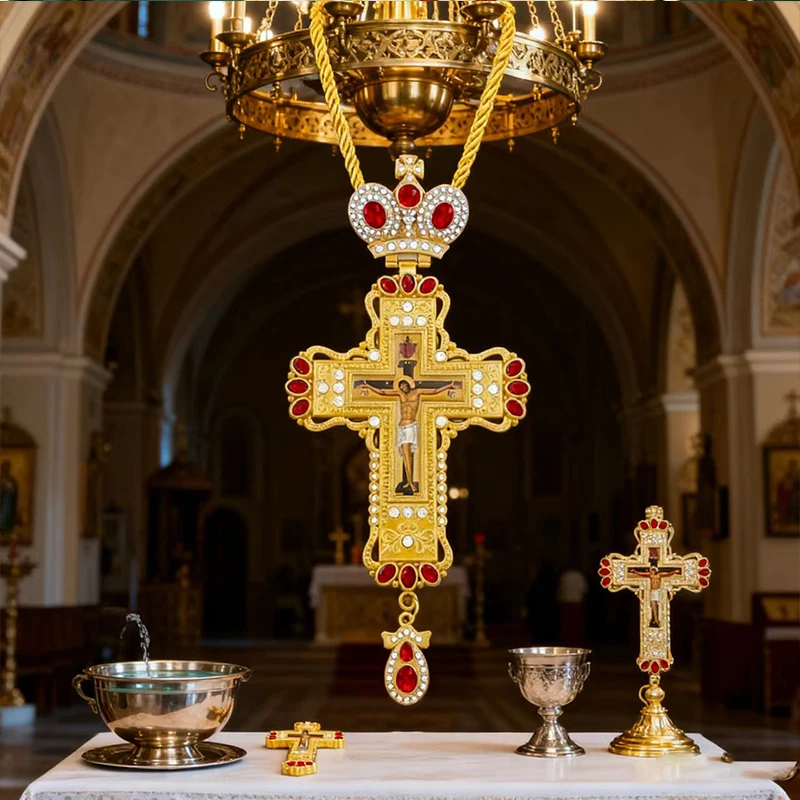 Neues, mit Edelsteinen verziertes orthodoxes Pektoralkreuz, vergoldet mit Kristall, Kruzifix-Ikonen-Halskette für Priesterliturgie und Andacht – Detail 17