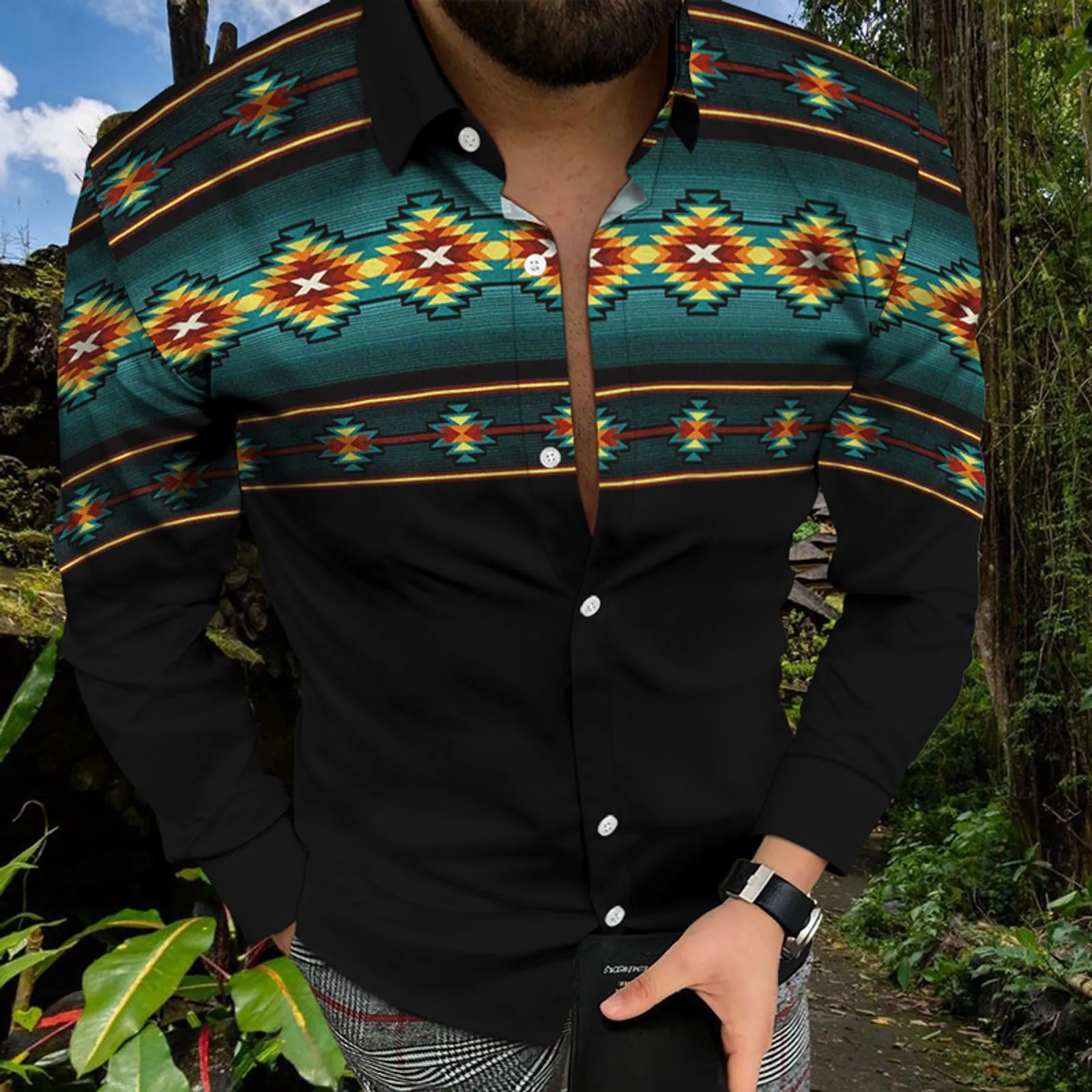 53896-af0c46.jpg Ethnic Shirt Men Long Sleeve Aztec Geometric Printed Western Ethnic Shirts Streetwear Casual Top Vintage Shirts Button Blouse - Image 1