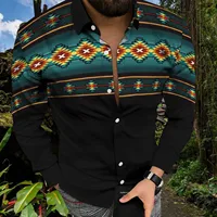 Ethnic Shirt Men Long Sleeve Aztec Geometric Printed Western Ethnic Shirts Streetwear Casual Top Vintage Shirts Button Blouse