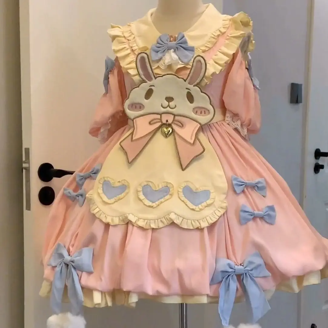 

Coalfell Spot Lolita Dress Zero Card Rabbit Short Sleeve OP Embroidery Little Rabbit Sweet Peel Twin Flower Buds Lolita