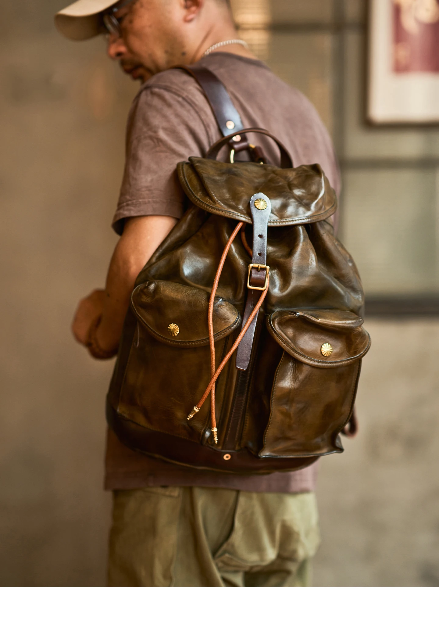 Organisatoren Designer handgemachte Vintage pflanzlich gegerbte Rindsleder Männer große Kapazität Rucksack Reise Luxus echtes Leder Schultasche – Detail 3