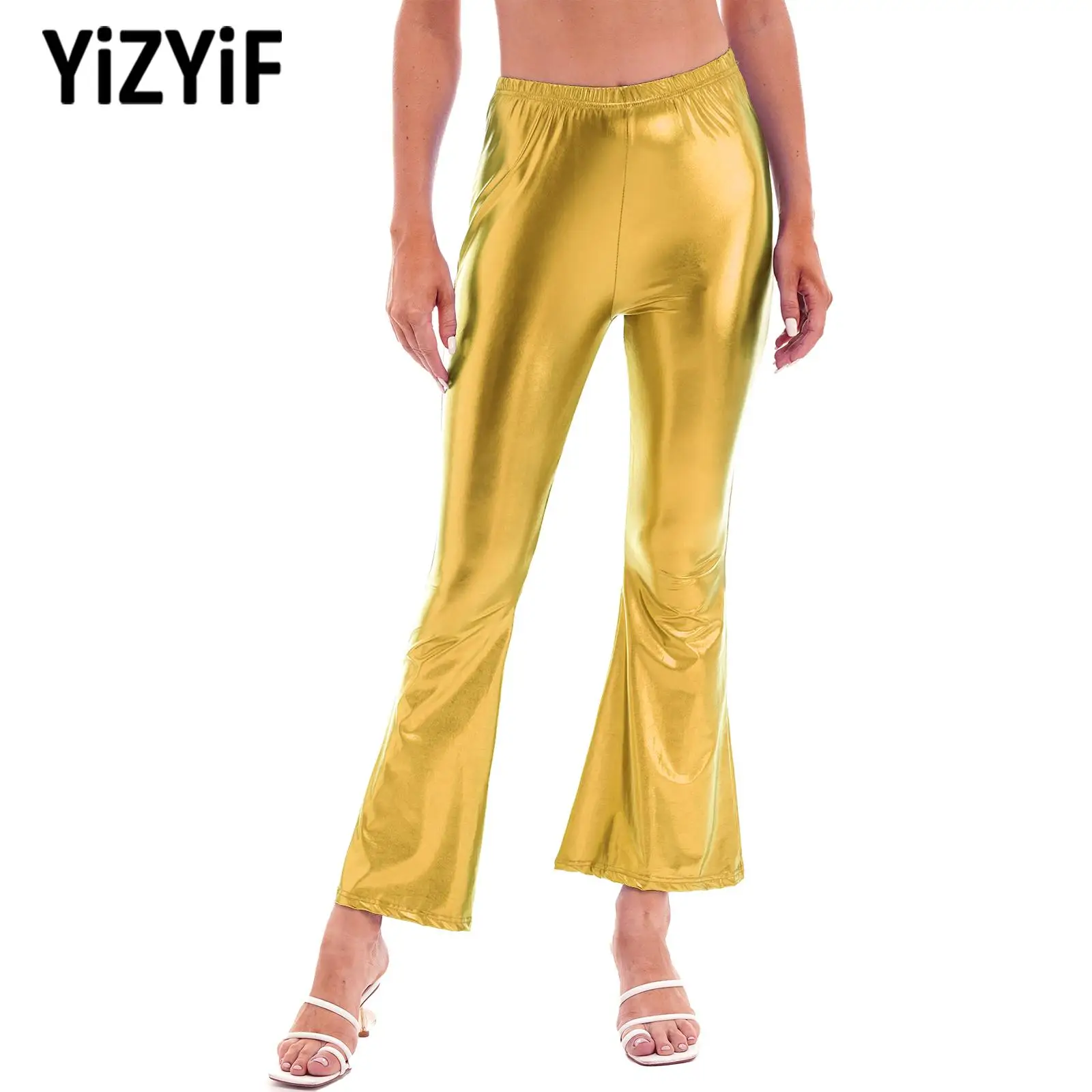 

Women Mid Waist Flared Pants Skinny Bell-Bottomed Pants Trousers Fashion Shiny Metallic Rave Dancing Stage Performance Clubwear