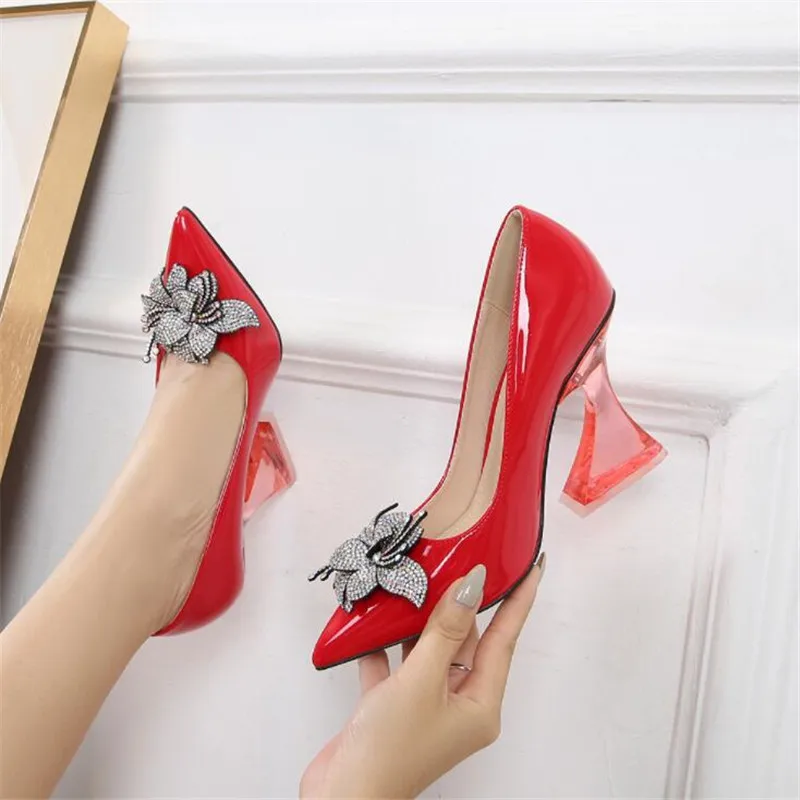 

2022 new women's shoes 10CM crystal high heels crystal diamond flower bridesmaid single shoes pointed toe large size shoes 35-46