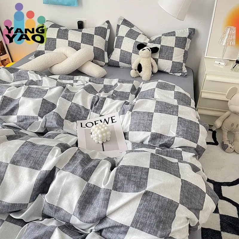 

Japanese Gray Grid Bedding Set Twin Full Queen Size Bed Linen Adult Women Solid Color Bed Flat Sheet Pillowcase Duvet Cover Set