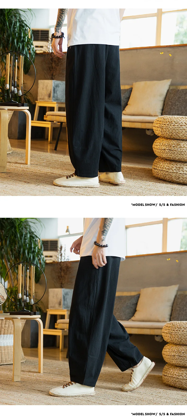 Loose Men's Cotton Linen Breathable Solid Color Fitness Street Pants