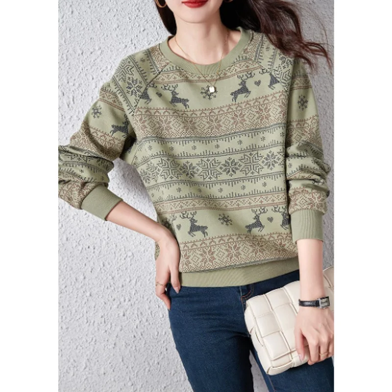 Korean Style Vintage Print Long Sleeve Top Female Spring Autumn Women Casual Streetwear Loose Pullover Sweatshirt Clothing 2023