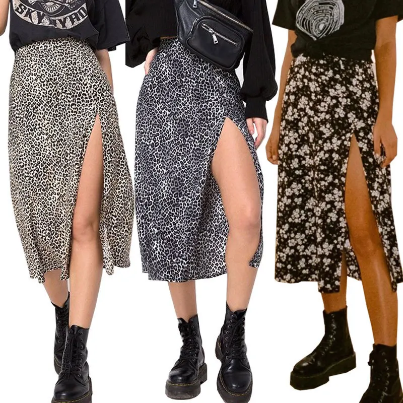 Flower Leopard Print High Waist Stretch Slit Long A-line Skirt Woman