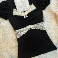 Hauts Y2K Grunge à manches courtes pour femmes, chemise estivale en dentelle patchwork, style coquette, tricot côtelé, coupe ajustée, vêtements esthétiques 4