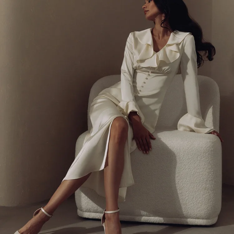 Ruffled Elegant For Women Long Dress Fashion V-Neck Patchwork Long Sleeve Slim Party Dress Gown White Spring Maxi Dress