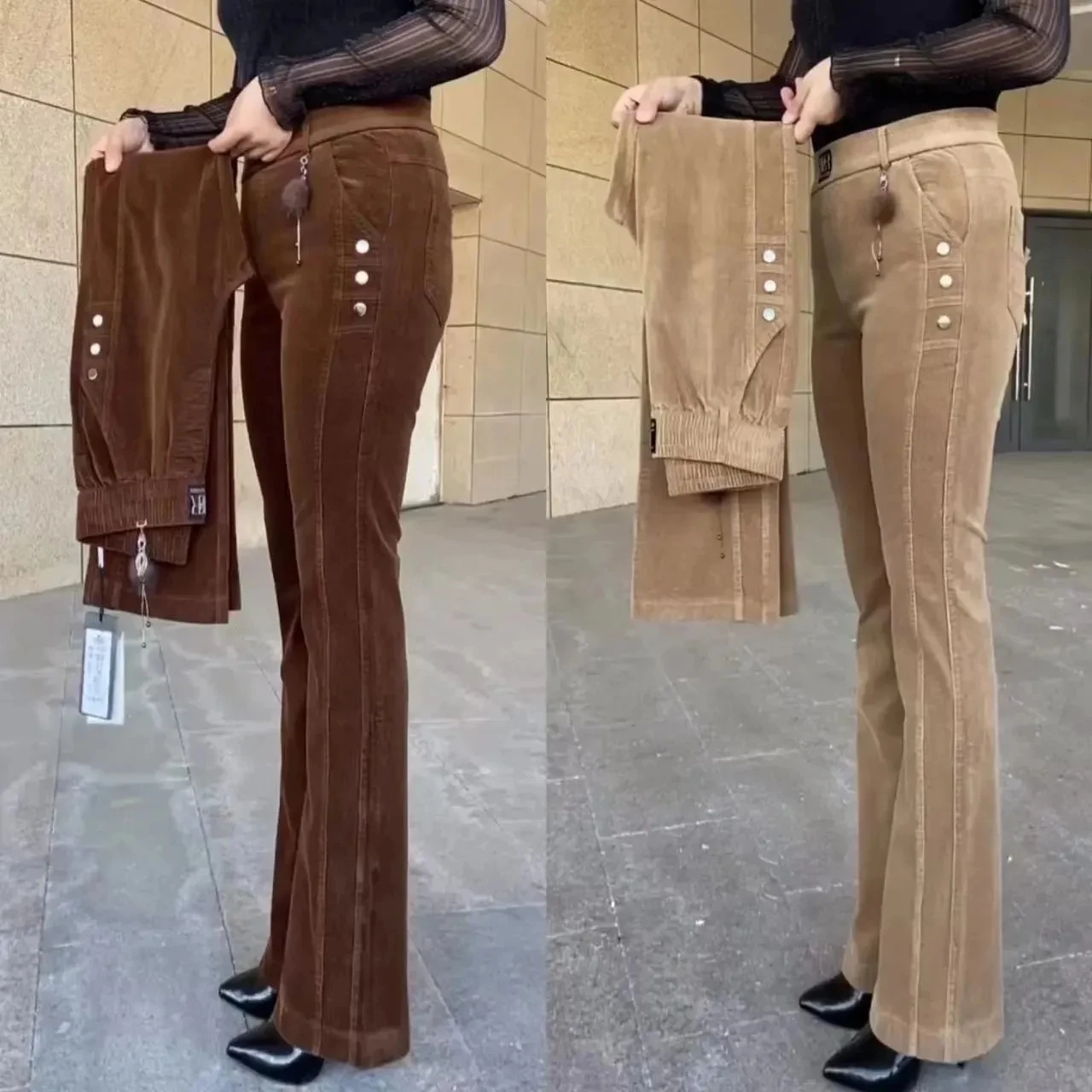 

Autumn Winter Women Corduroy Micro Flared Pants High Waist Stretch Trousers Middle Aged Mother Casual Warm Velvet Corduroy Pants