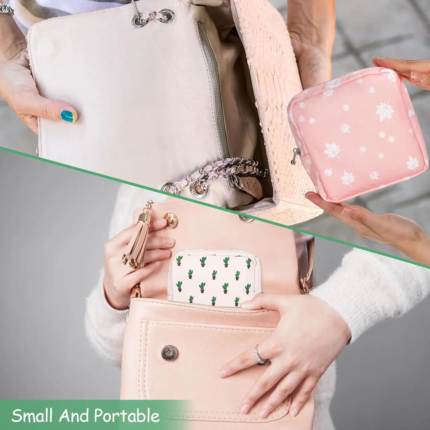 Borsa portatile per il ciclo mestruale, impermeabile, per la conservazione di assorbenti e tamponi, e piccole borse per il trucco, regalo per donne e ragazze. - immagine 4