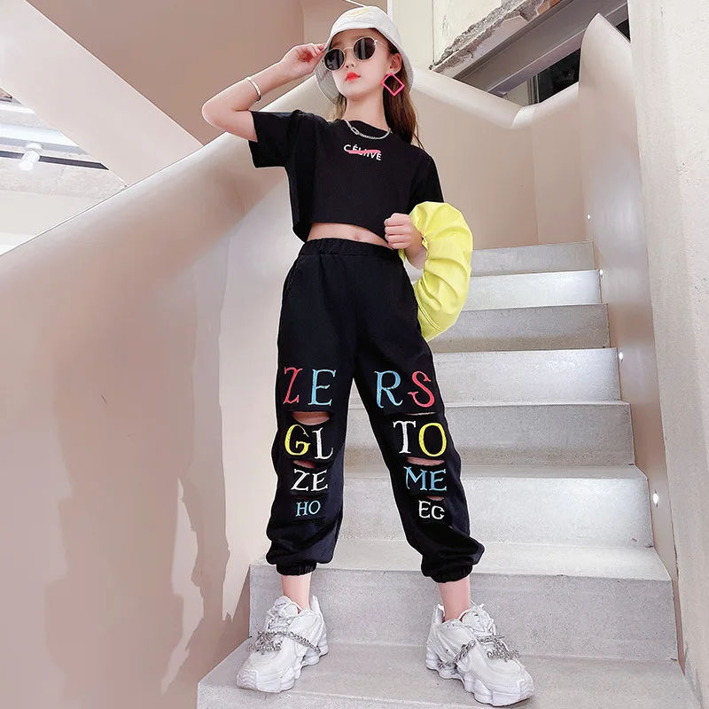 

Girls Streetwear Clothing Set Crop Top And Ripped Hole Sweatpants Summer Fashion Teenage Cotton 2PCS Outfits For Kids 4-14Years