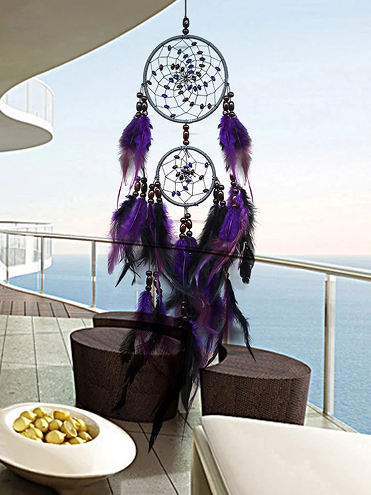 Purple Feather Dream Catcher Pendant Hand-woven Wedding Pendant Two-ring Art Crafts Beads Romantic Creative for Girlfriend Gift