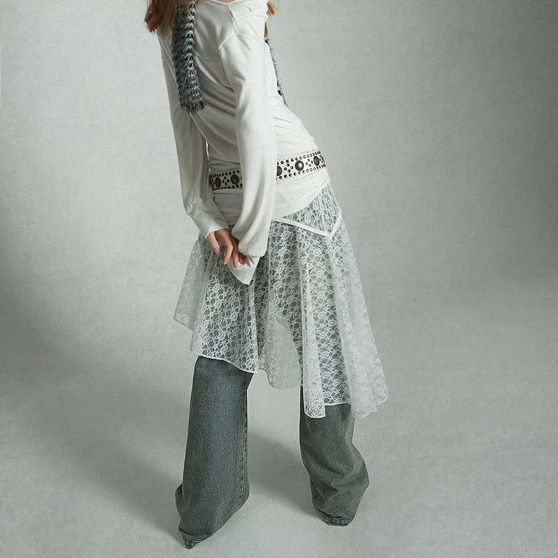 Karrcat Japanese Y2k Lace Skirt Grunge Aesthetics Vintage Irregular White Skirt Harajuku High Street Cut Out Skirt Korean Style