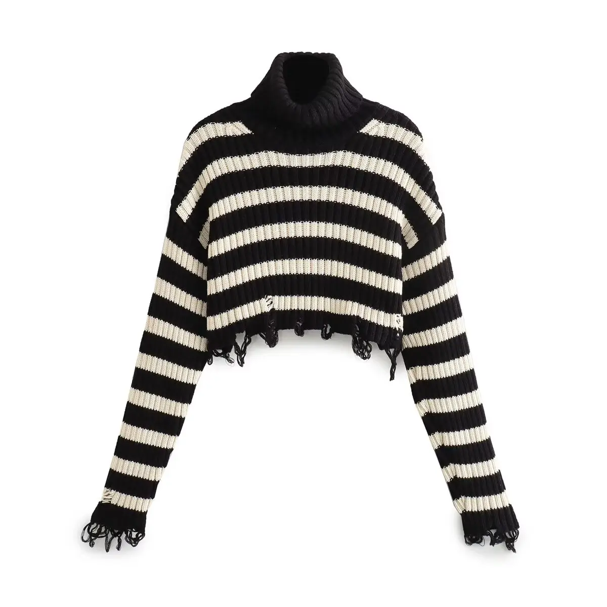 

Women New Fashion Striped Short Knitwear Sweater Vintage High Neck Long Sleeve All-match Casual Female Pullovers Chic Tops