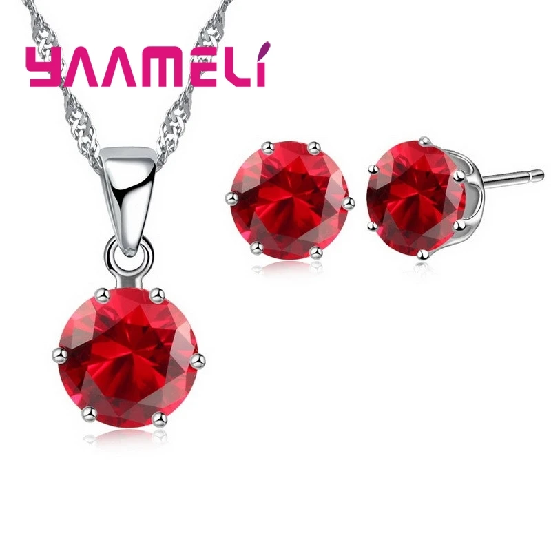 14 Colors 925 Sterling Silver Bridal Wedding Jewelry Sets For Women Engagement Crystal Pendant Necklace Stud Earrings Set 5