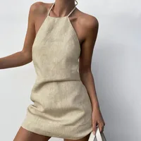 Robe de plage dos nu en coton et lin pour femmes, tenue décontractée, simple, sexy, en fibre, pour l'été 1