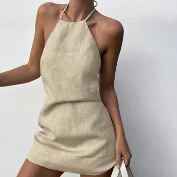 Women's Halter Backless Dress Summer Women's Cotton Linen Distress Personal Simple Sexy Sleeveless A-line Casual Beach Dress 1