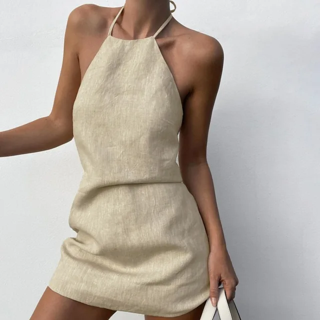 Robe de plage dos nu en coton et lin pour femmes, tenue décontractée, simple, sexy, en fibre, pour l'été 1