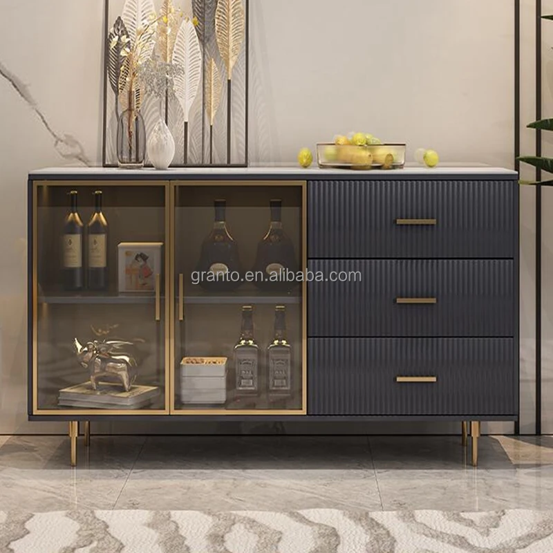 New design dining room furniture gold stainless steel wine cabinet with drawer silver wall cabinet