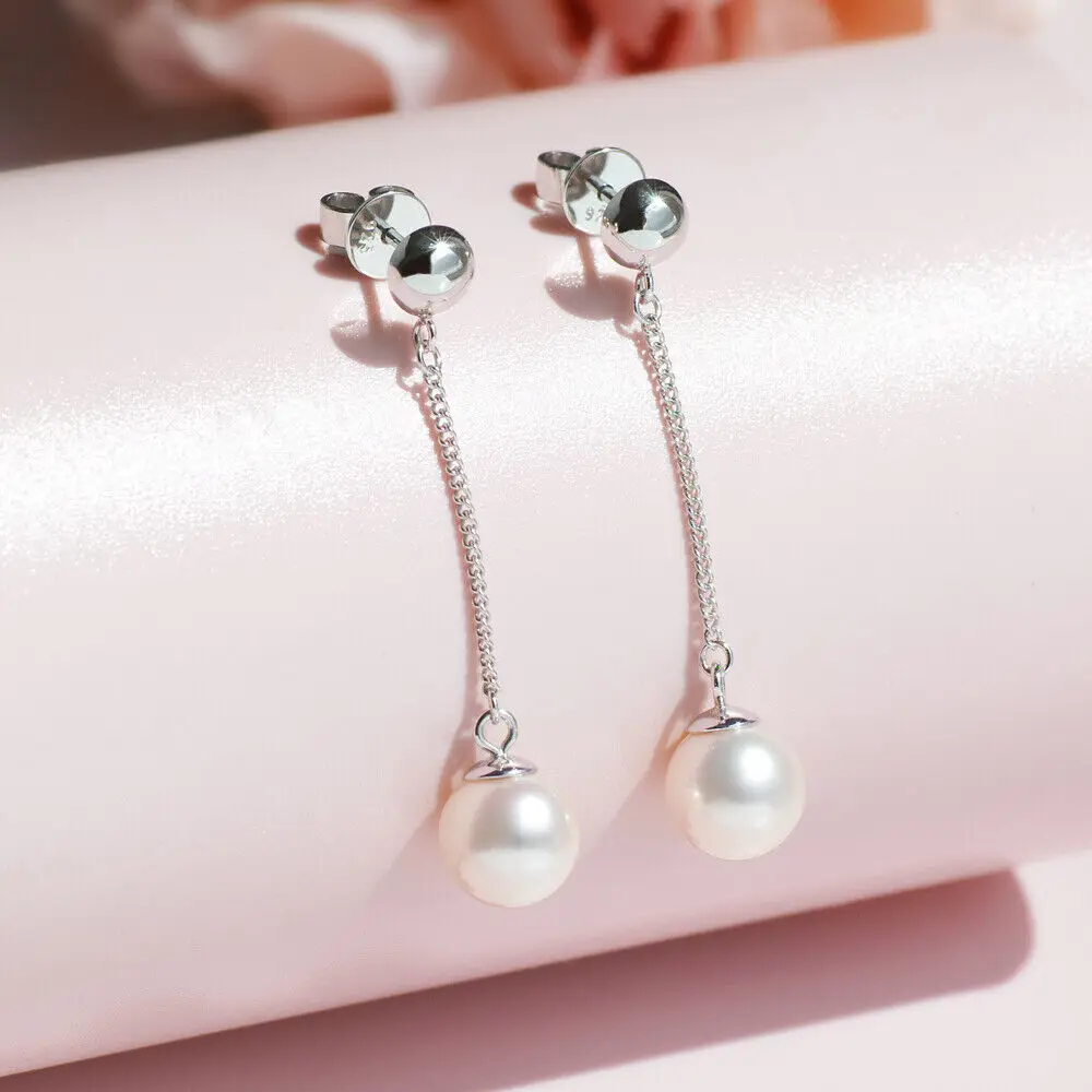 

Cream Japanese Akoya Pearl Long Drop Dangle Earrings Sterling Silver 7.5-8mm