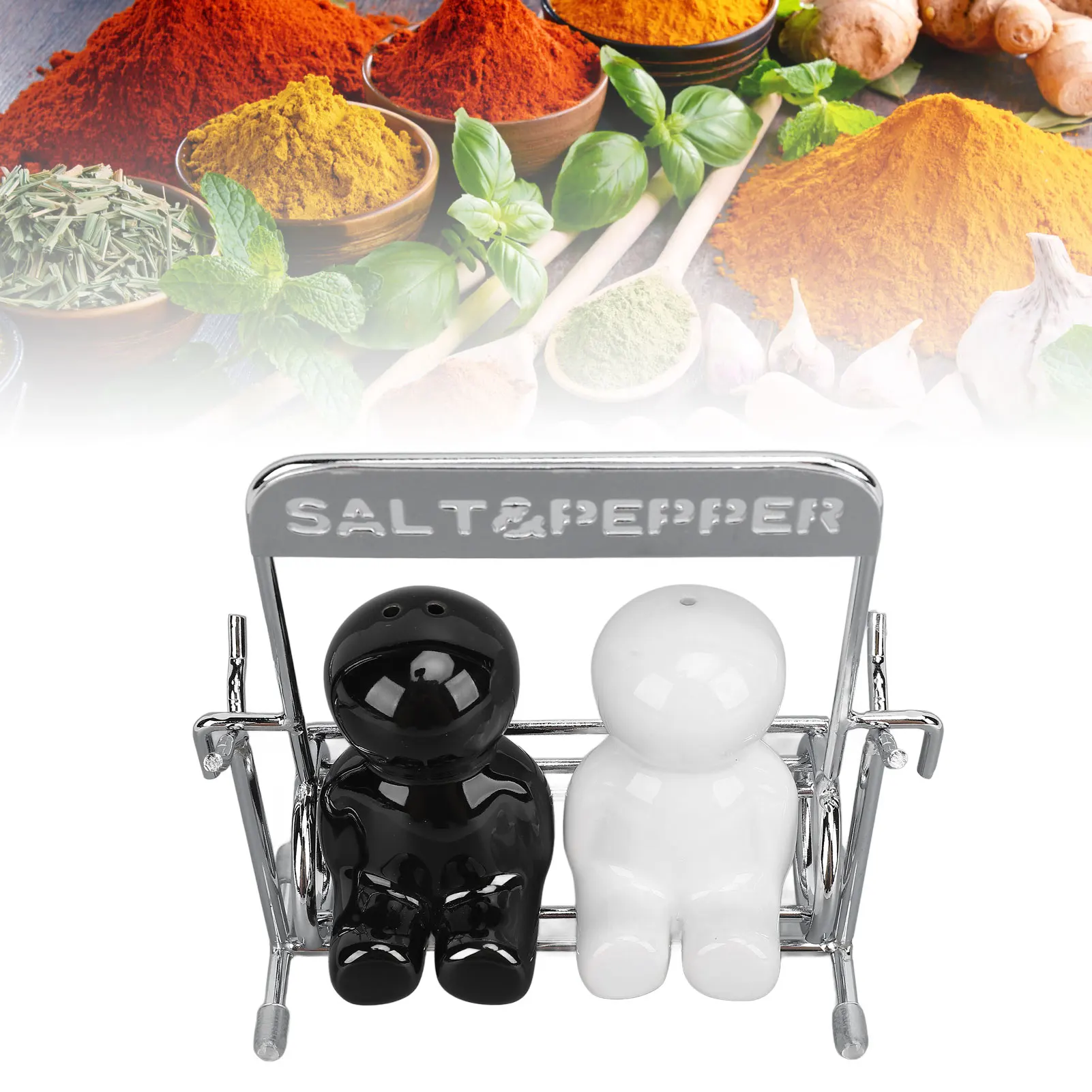2Pcs Ceramic Spice Shaker Set Kitchen Cute Swing Figure Salt and Pepper Dispensers Black White