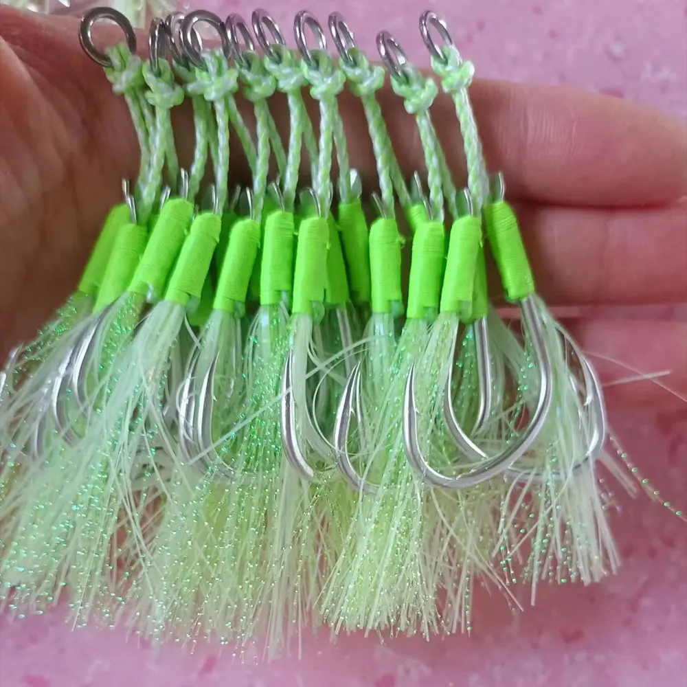 AS 10 pares de anzuelos de pesca, alambre suave de acero inoxidable que brilla lento/rápido, anzuelos de Jigging con doble púas, anzuelos de asistencia, anzuelos luminosos