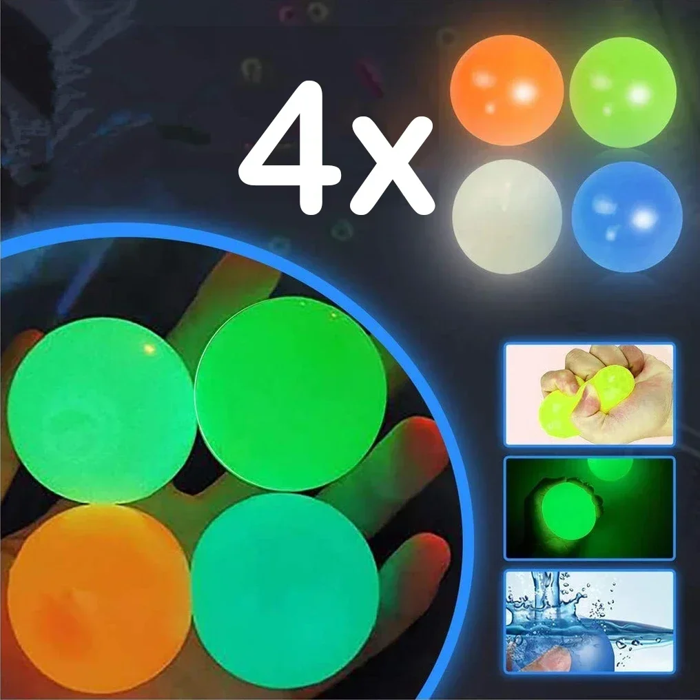 1-4Pcs Luminous Balls High Bounce Glowing Ball Sticky Wall Home Party Decor Kids  Gift Anxiety Stress Relieve Toy 4.5cm/6cm