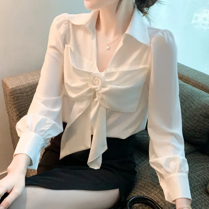 

2023 New Vintage Chiffon Blouses Women Autumn Fashion Long Sleeve Turn Down Collar Bow Roses Flower Ladies Shirts Tops