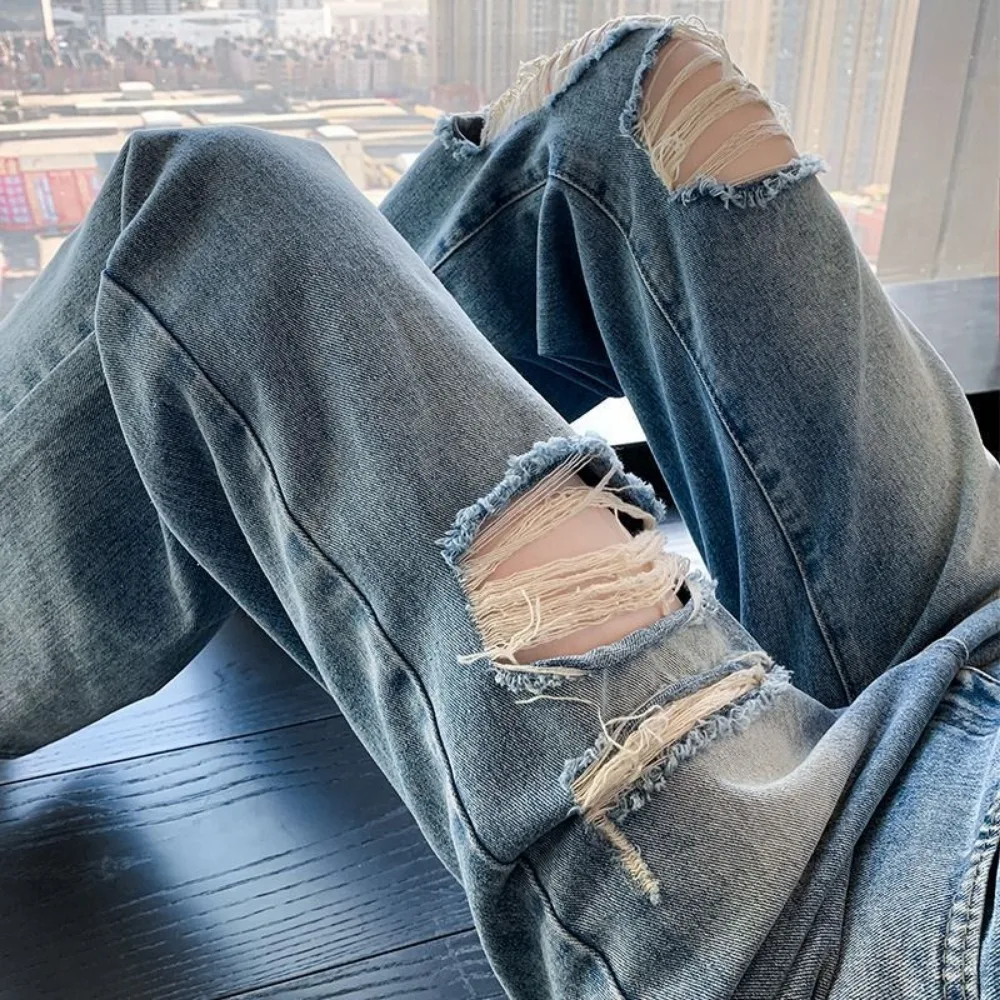Ripped Jeans Women Invisible Open Crotch Outdoor Sex Bell-bottoms Sexy Loose High Waist Wide Leg Pants Boyfriend Denim Trousers
