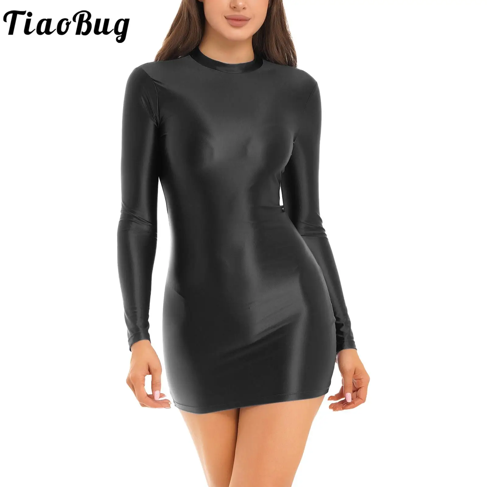 Women Sexy Oil Glossy Micro Mini Dress Tight Party Dress Pencil Bodycon Dress Club Outfit Nightwear Pole Dancing Costume jimiko erotic costume tight patent leather dress sexy woman nightclub uniform set porno sex cosplay hot lingeries slutty outfit