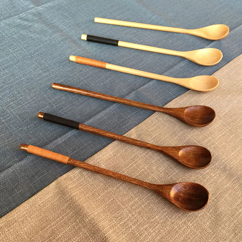 5pcs Japanese-Style Long Handle Wooden Spoon Tea Dessert Spoons for Eating Mixing Stirring Cooking Tableware Kitchen Supplies
