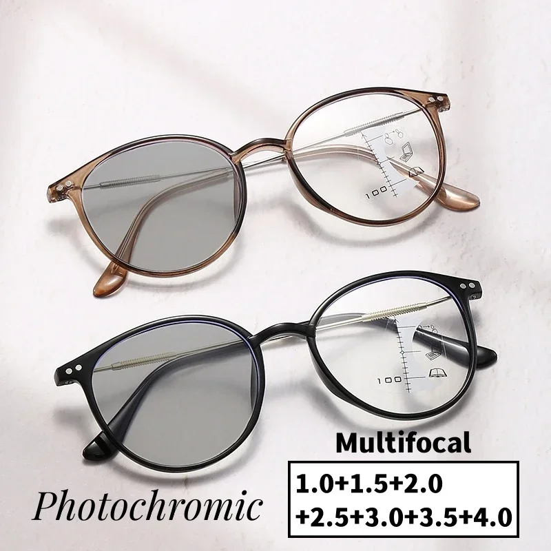 

Fashion Photochromic Reading Glasses Men Women Round Frame Progressive Multifocal Eyewear Ultralight Near and Far Eyeglasses