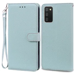 Leather Wallet Flip Case - Premium Protection and Style for Samsung A02S (Light Blue -Strap)