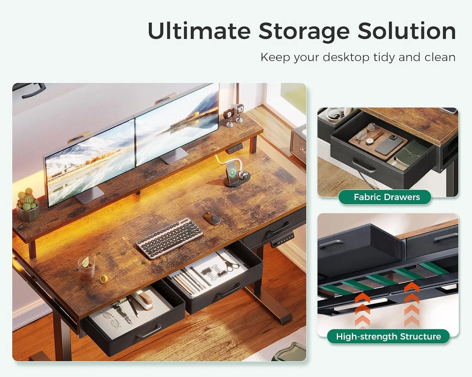 55 Inch Height Adjustable Gaming Desk with Power Outlets & LED Lights, Sit Stand Table with Monitor Stand