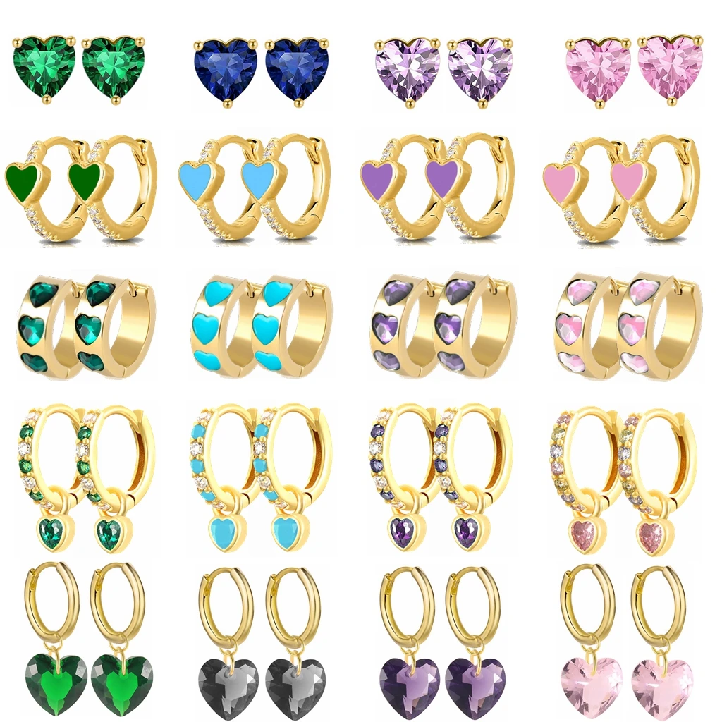 

925 Sterling Silver Needle Colorful Cute Heart Crystal Pendant Hoop Earrings for Women Enamel Piercing Round Trend Jewelry Gifts