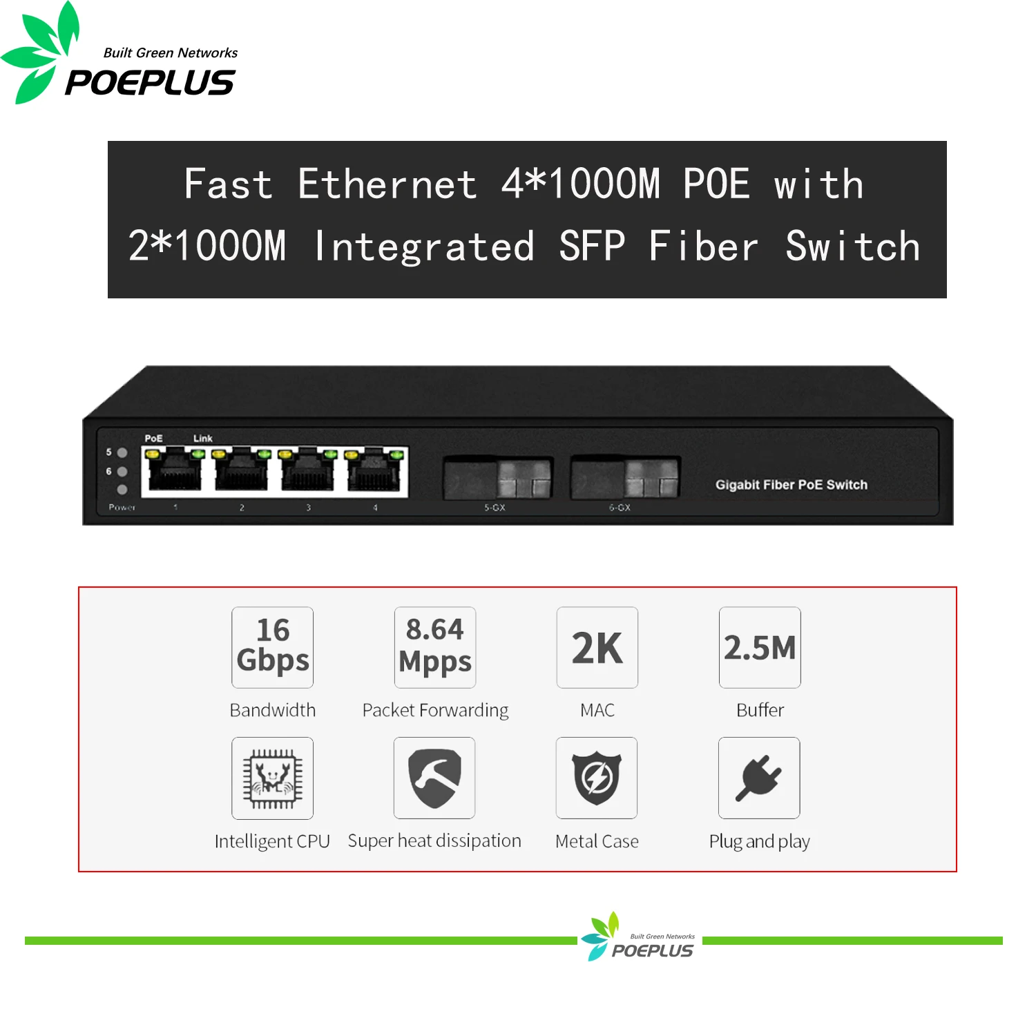 

Fast Ethernet 4 ports 1000M Rj45 POE with 2*1000M Integrated SFP Fiber Switch