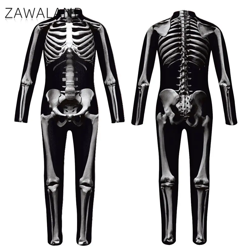 Cosplay Costume ZAWALAND Halloween Matching Outfits 3D Skeleton Printed Zentai Party Parent-Child Sexy Spandex Catsuit